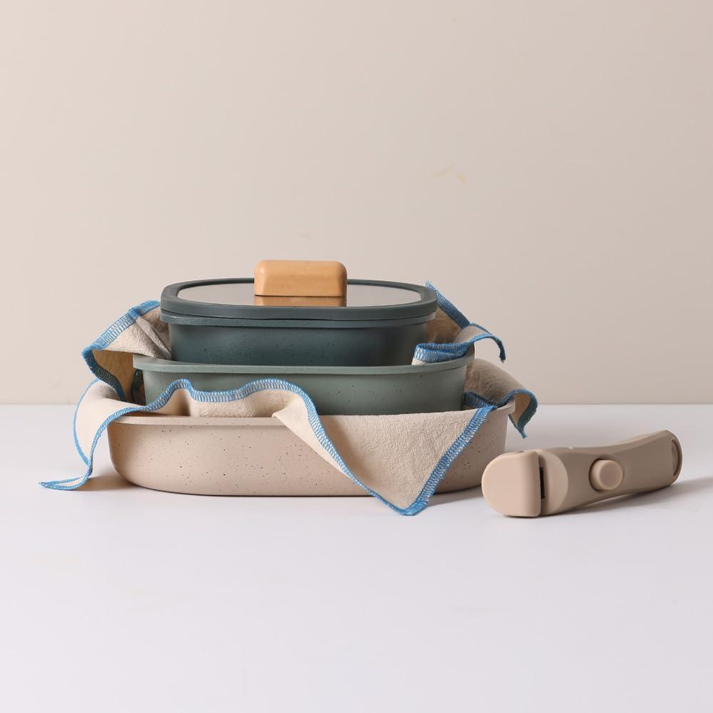 image:imageFIKA Objet Comfort 7Piece Kitchen Nonstick Healthy Cooking Cookware Set with Lid Detachable Handle Induction Compatible AllinOne Kitcheware Easy to Store Great Gift Made in Korea IVORYGreen