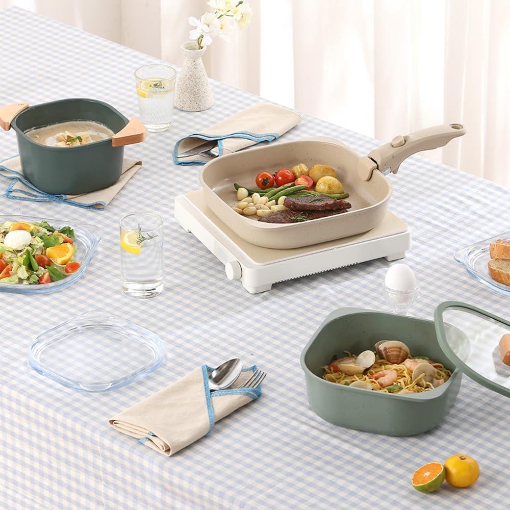 image:imageFIKA Objet Comfort 7Piece Kitchen Nonstick Healthy Cooking Cookware Set with Lid Detachable Handle Induction Compatible AllinOne Kitcheware Easy to Store Great Gift Made in Korea IVORYGreen