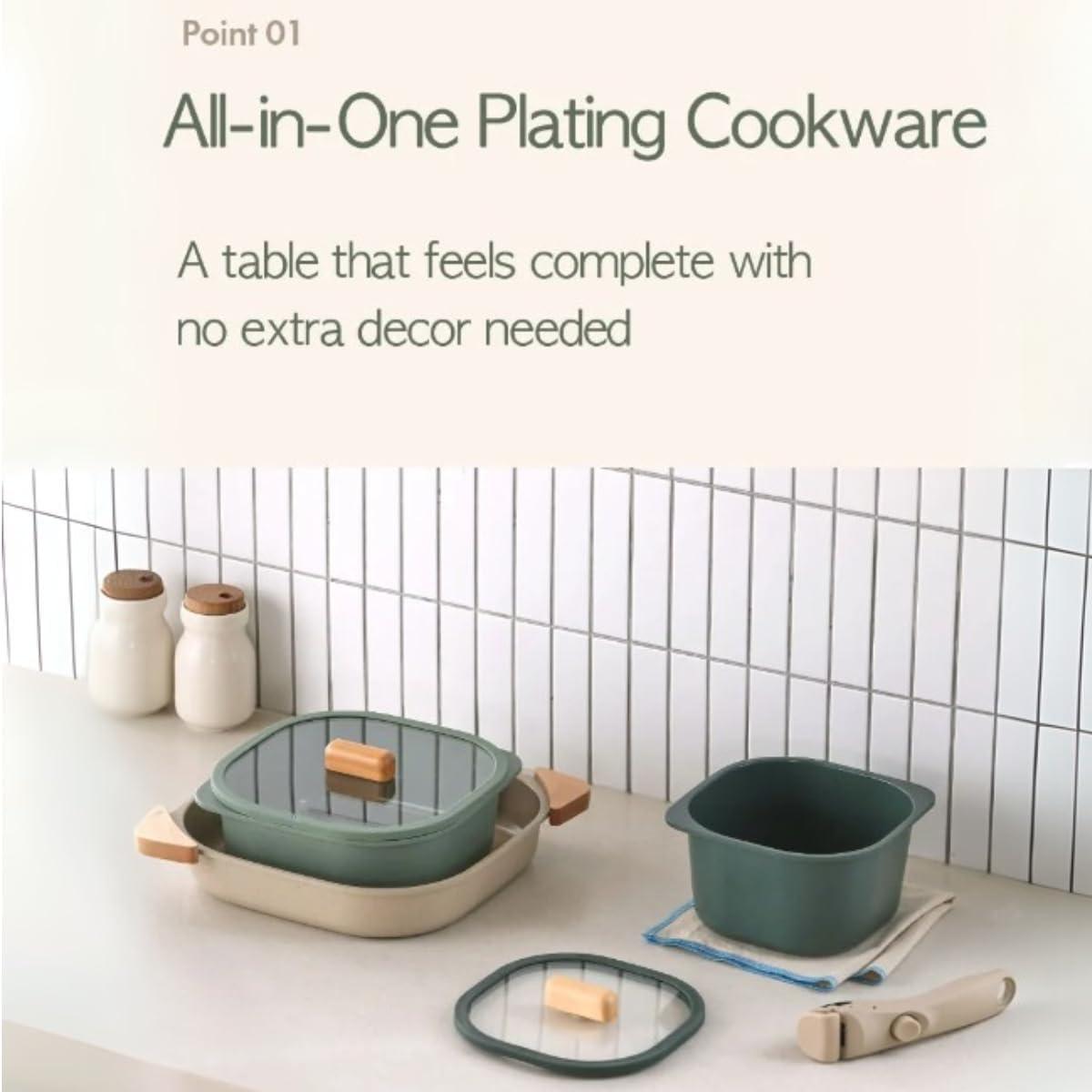 image:imageFIKA Objet Comfort 7Piece Kitchen Nonstick Healthy Cooking Cookware Set with Lid Detachable Handle Induction Compatible AllinOne Kitcheware Easy to Store Great Gift Made in Korea IVORYGreen