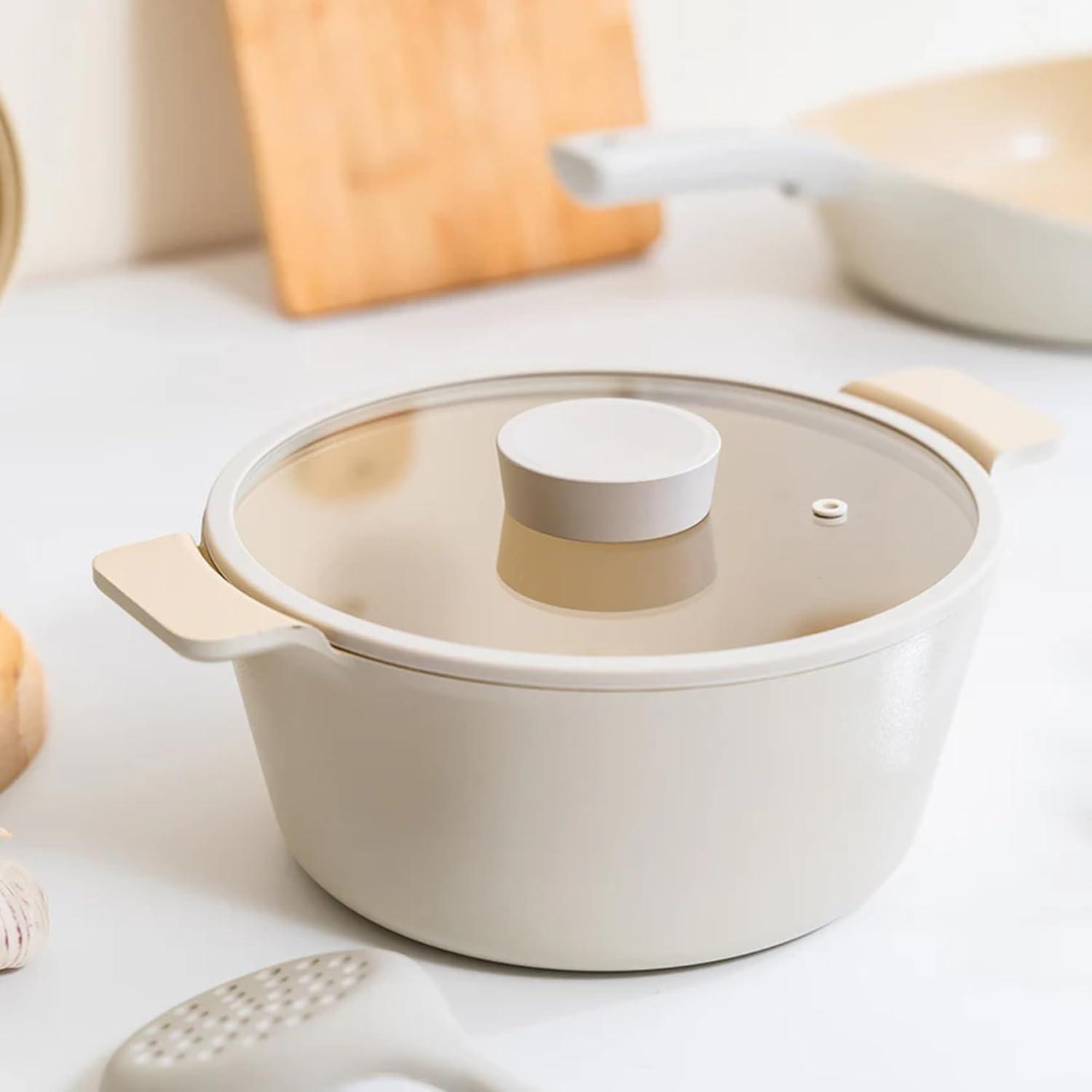 image:imageNEOFLAM Vulcan Ivory Double Handle Stockpot with Glass Lid 4Qt 95 Cast Aluminum Lightweight Ceramic Nonstick Pot PFAS PFOA Free Dishwasher Safe Induction Ready Made in Korea