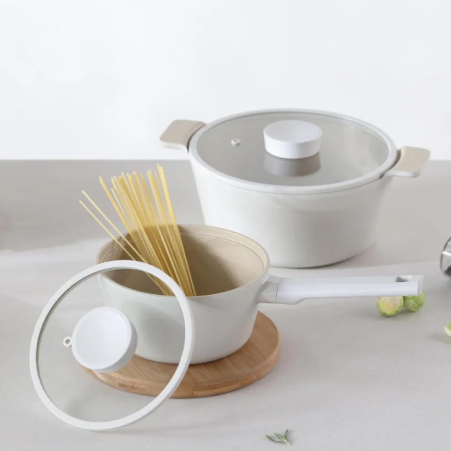 image:imageNEOFLAM Vulcan Ivory Double Handle Stockpot with Glass Lid 4Qt 95 Cast Aluminum Lightweight Ceramic Nonstick Pot PFAS PFOA Free Dishwasher Safe Induction Ready Made in Korea