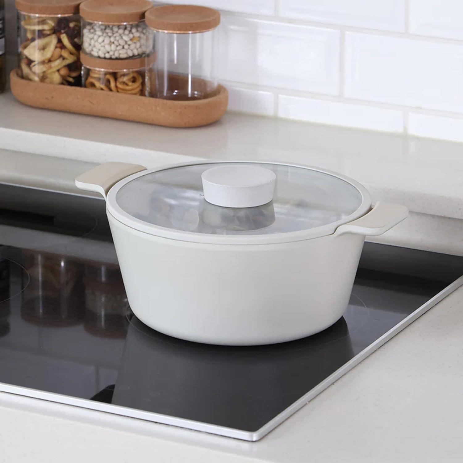image:imageNEOFLAM Vulcan Ivory Double Handle Stockpot with Glass Lid 4Qt 95 Cast Aluminum Lightweight Ceramic Nonstick Pot PFAS PFOA Free Dishwasher Safe Induction Ready Made in Korea