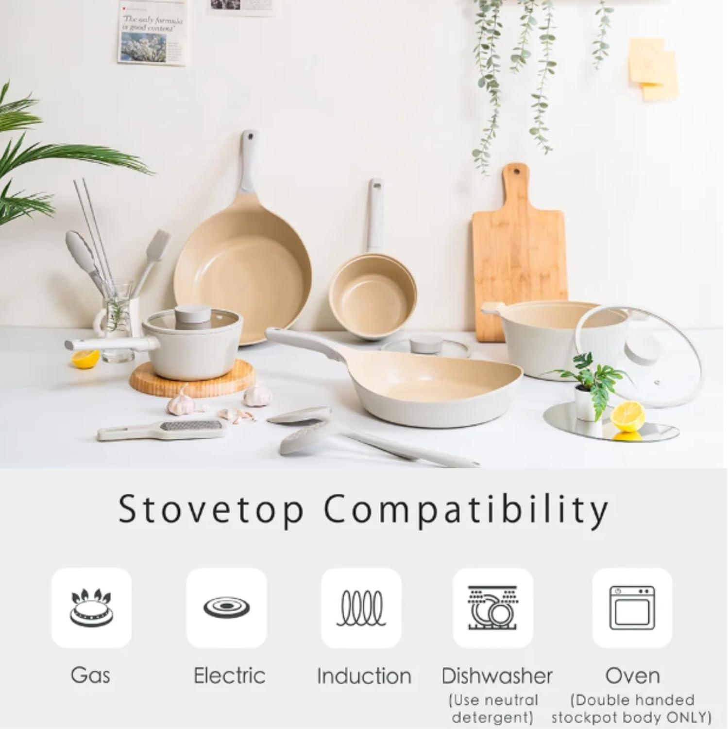 image:imageNEOFLAM Vulcan Ivory Double Handle Stockpot with Glass Lid 4Qt 95 Cast Aluminum Lightweight Ceramic Nonstick Pot PFAS PFOA Free Dishwasher Safe Induction Ready Made in Korea