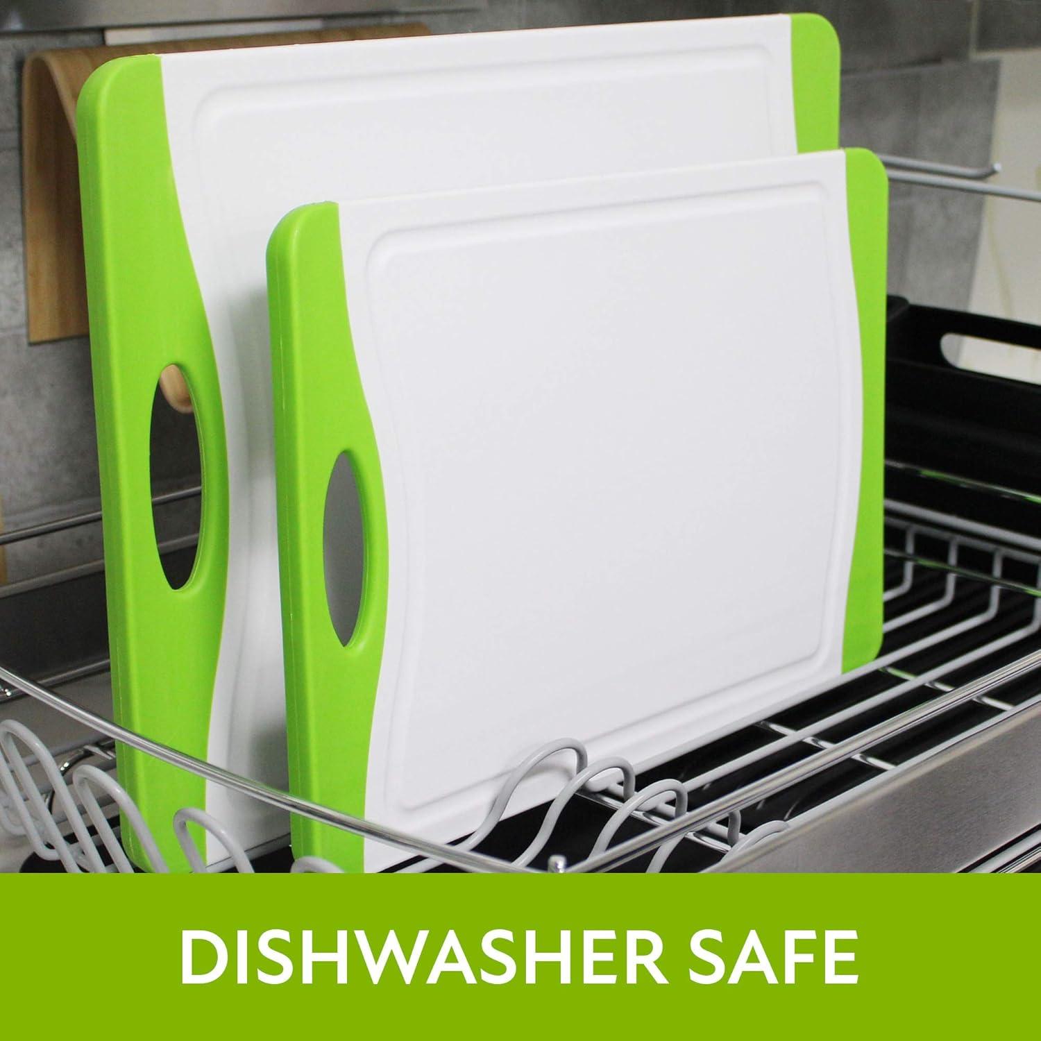 image:imageNeoflam 2 Piece Plastic Cutting Board Set Microban Protection Stain amp Odor Free Extra Large BPA Free Juice Groove Non Slip Dishwasher Safe Easy Grip Handle White GreenWhite Green