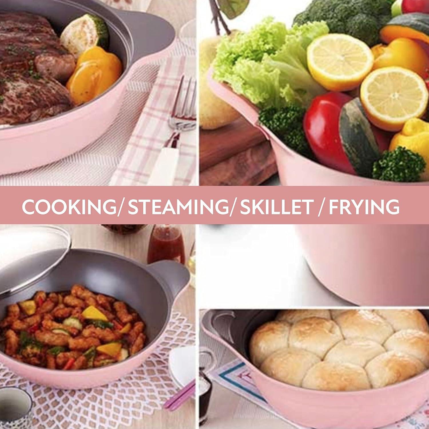 image:imageNeoflam Eela 7pc Ceramic Coated Nonstick Cookware PotsampPan Set with Saucepan Frying Pan Casserole Stockpot Glass Lids Silicone Hot Handle Holder Included 7PiecePink