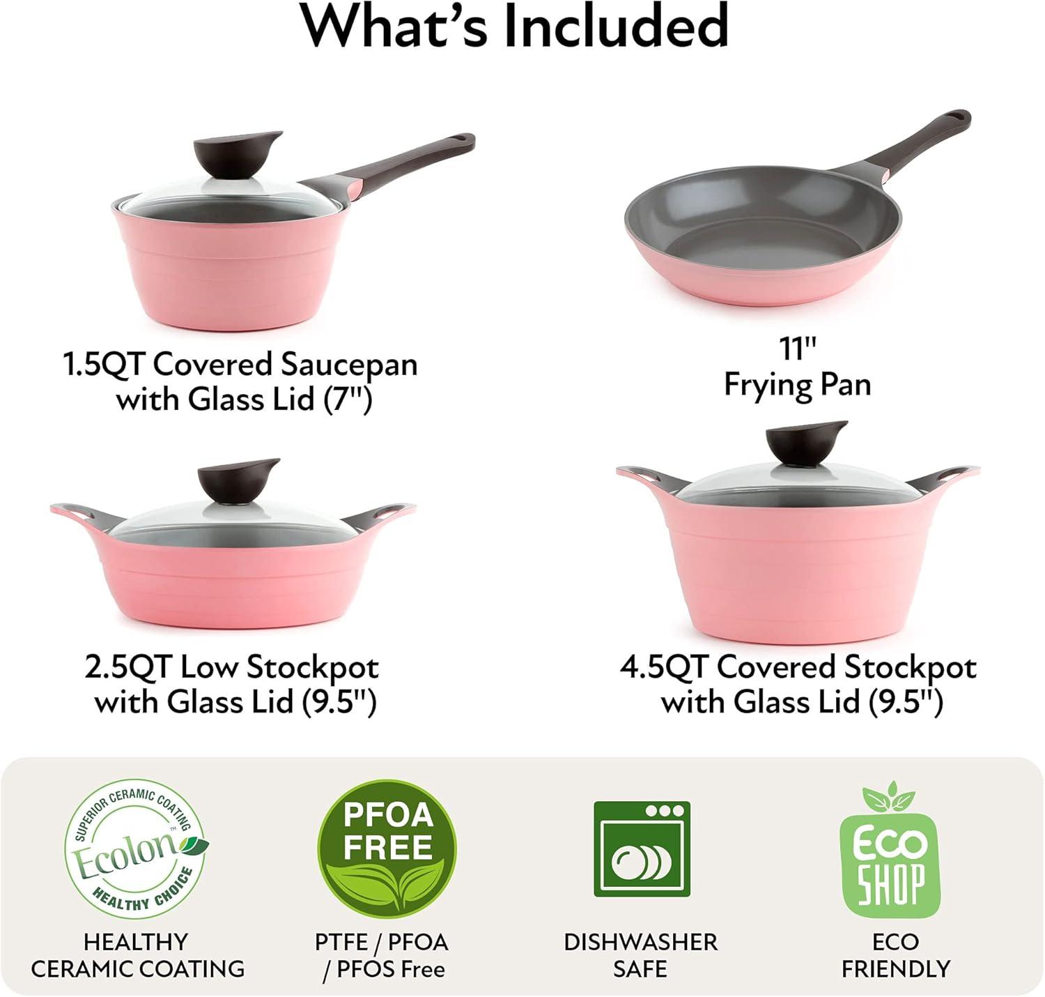 image:imageNeoflam Eela 7pc Ceramic Coated Nonstick Cookware PotsampPan Set with Saucepan Frying Pan Casserole Stockpot Glass Lids Silicone Hot Handle Holder Included 7PiecePink