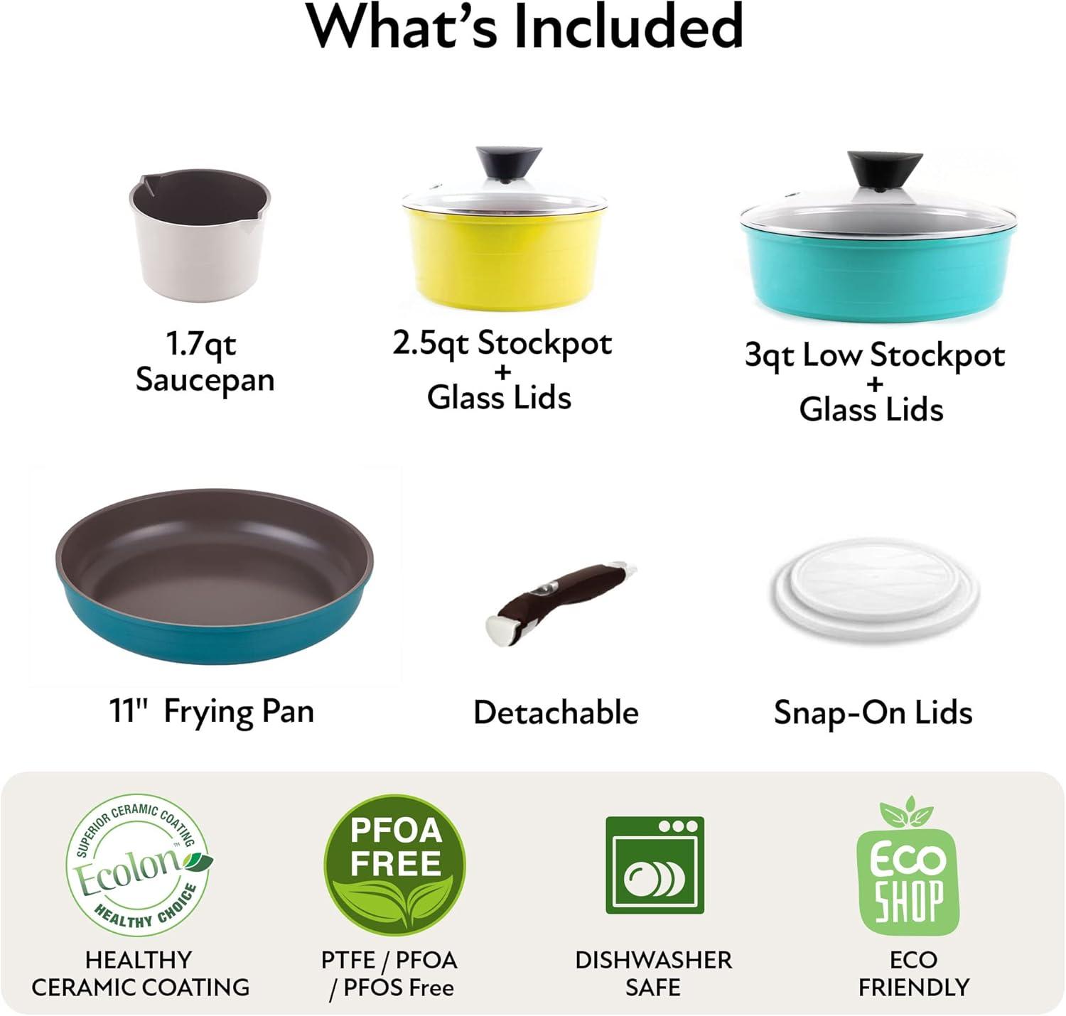image:imageNeoflam Midas PLUS 9pc Nonstick Cast Aluminum Cookware Set PFOA Free Kitchenware with SaucepanFrying PanStoveOven Pot Tempered Glass Lid and Smart Detachable HandleOven SafeSpaceSavingEmeraldMisty Forest