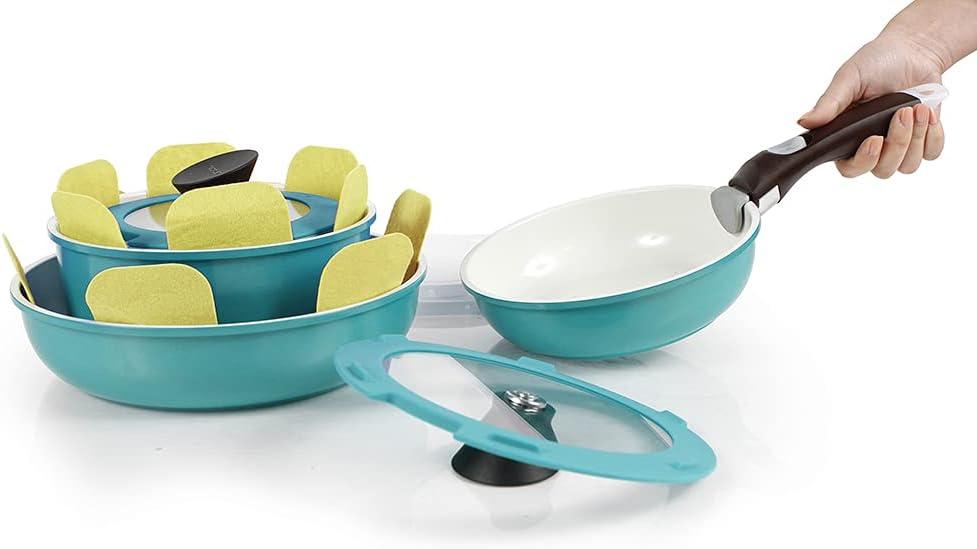 image:imageNeoflam Midas PLUS 9pc Nonstick Cast Aluminum Cookware Set PFOA Free Kitchenware with SaucepanFrying PanStoveOven Pot Tempered Glass Lid and Smart Detachable HandleOven SafeSpaceSavingEmeraldEmerald