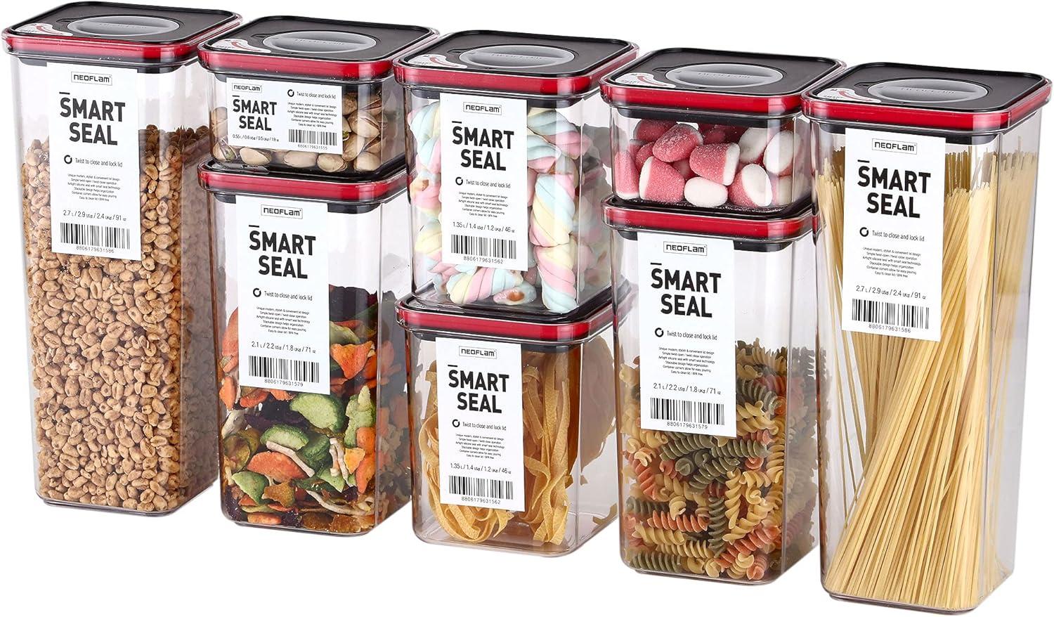 image:imageNeoflam Smart Seal 8pc Patent Airtight Kitchen Pantry CanisterOrganizer Clear Plastic Container amp Simple Twist Lids 100 Leak Proof Dishwasher Safe BPA Free Cereal Dry Food Storage Set WhiteBlackRed Lid