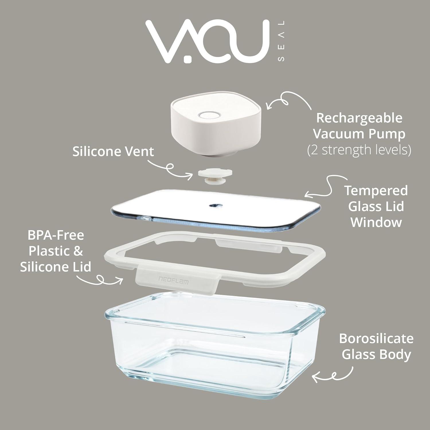 image:imageNeoflam Vacu Seal 13Piece Vacuum Food Storage Set Borosilicate Glass with Vacuum Pump Airtight Stackable Containers with SteamValve Lids Oven Freezer Dishwasher Microwave Compatible
