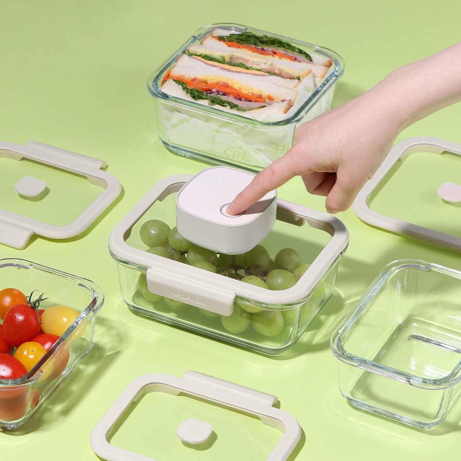 image:imageNeoflam Vacu Seal 13Piece Vacuum Food Storage Set Borosilicate Glass with Vacuum Pump Airtight Stackable Containers with SteamValve Lids Oven Freezer Dishwasher Microwave Compatible
