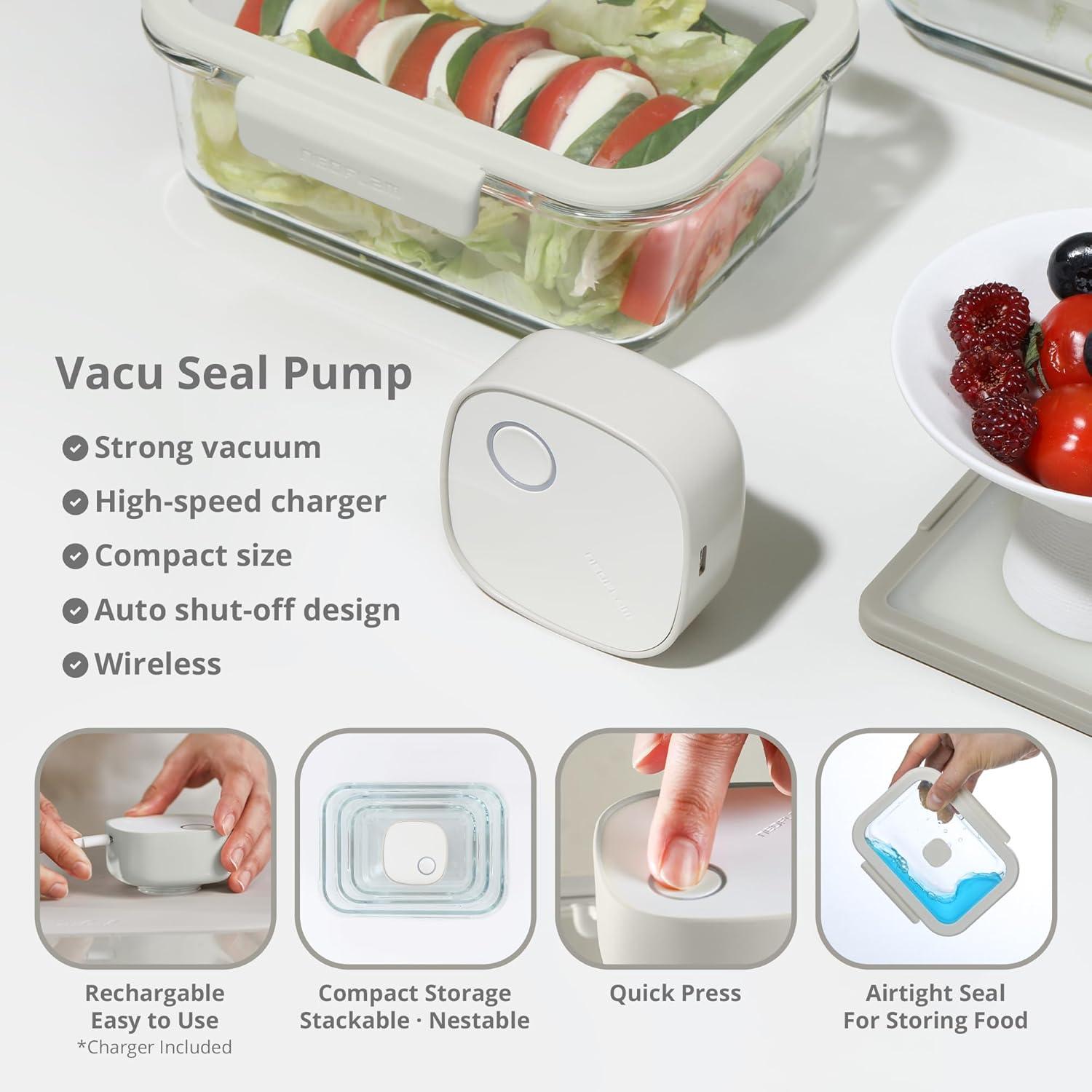 image:imageNeoflam Vacu Seal 13Piece Vacuum Food Storage Set Borosilicate Glass with Vacuum Pump Airtight Stackable Containers with SteamValve Lids Oven Freezer Dishwasher Microwave Compatible