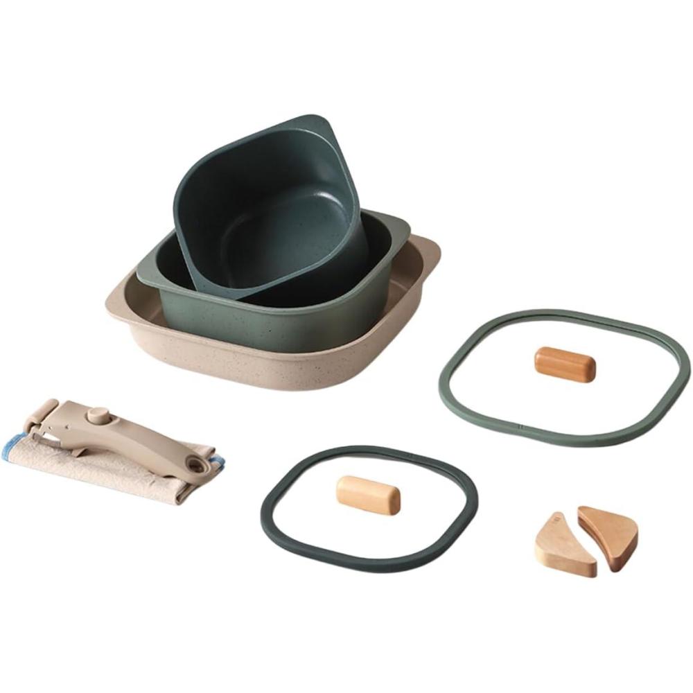 image:imageFIKA Objet Comfort 7Piece Kitchen Nonstick Healthy Cooking Cookware Set with Lid Detachable Handle Induction Compatible AllinOne Kitcheware Easy to Store Great Gift Made in Korea IVORYGreen