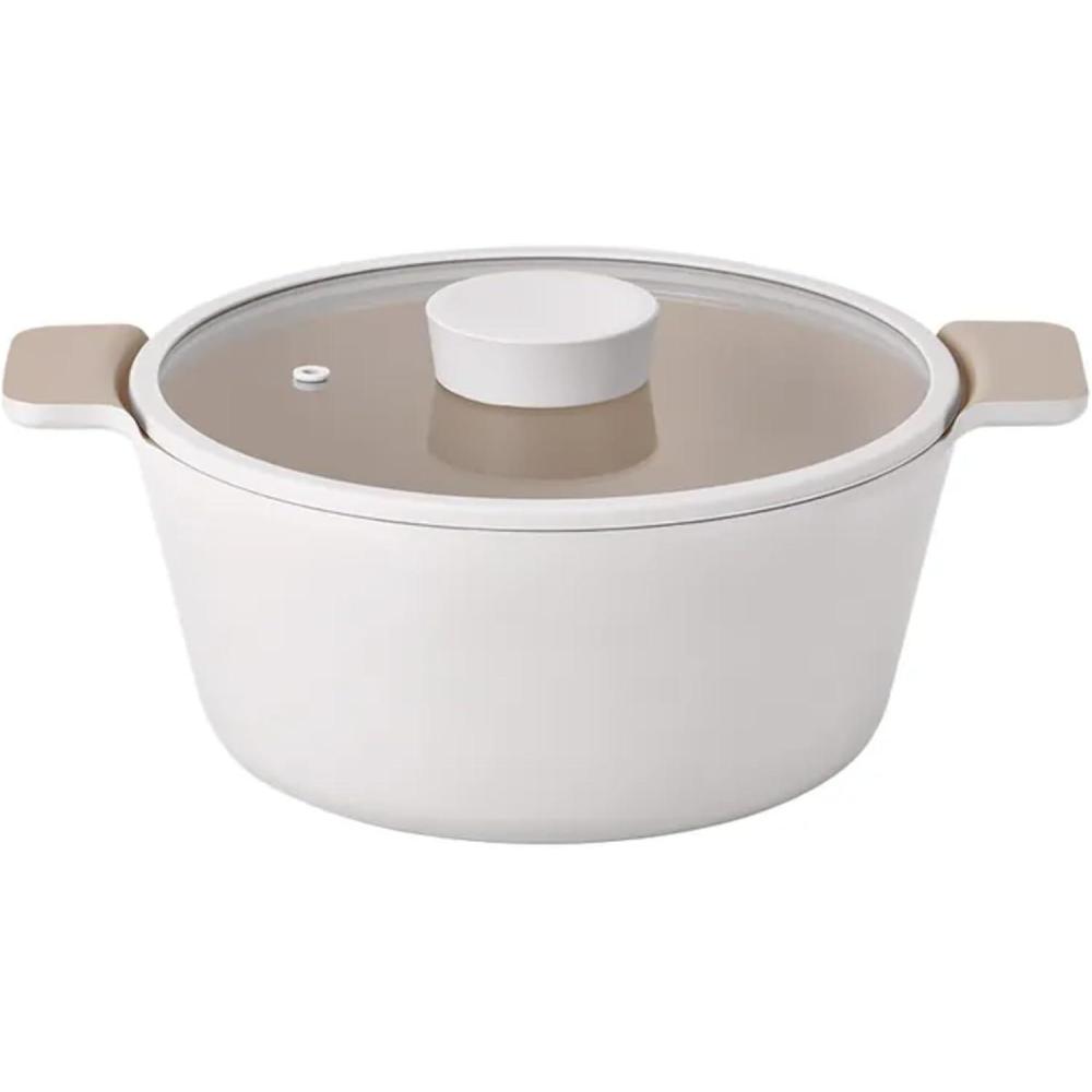 image:imageNEOFLAM Vulcan Ivory Double Handle Stockpot with Glass Lid 4Qt 95 Cast Aluminum Lightweight Ceramic Nonstick Pot PFAS PFOA Free Dishwasher Safe Induction Ready Made in Korea