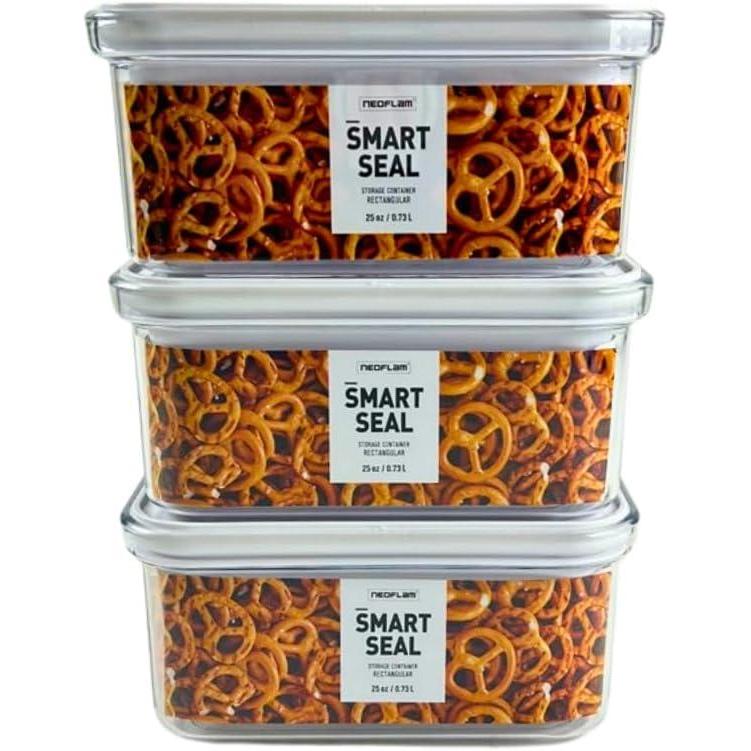 image:imageNeoflam Airtight Smart Seal Food Storage Container Set of 3 Crystal Clear Body Modular Stackable Nestable Design Easy to Clean BPA Free 175L Rectangular073L