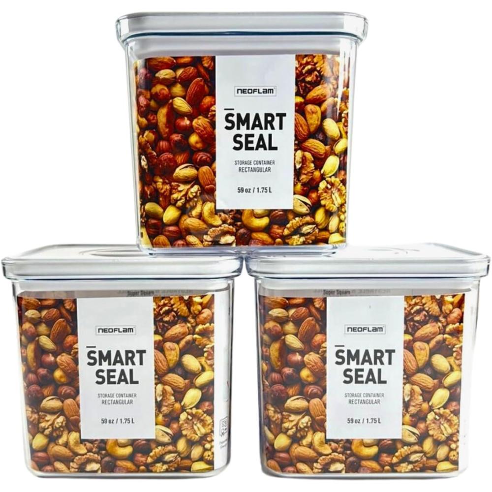 image:imageNeoflam Airtight Smart Seal Food Storage Container Set of 3 Crystal Clear Body Modular Stackable Nestable Design Easy to Clean BPA Free 175L Rectangular175L