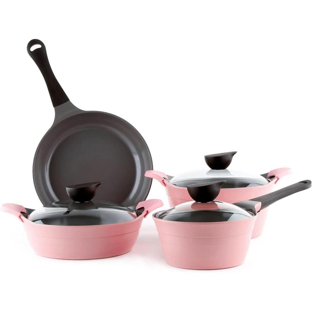 image:imageNeoflam Eela 7pc Ceramic Coated Nonstick Cookware PotsampPan Set with Saucepan Frying Pan Casserole Stockpot Glass Lids Silicone Hot Handle Holder Included 7PiecePink