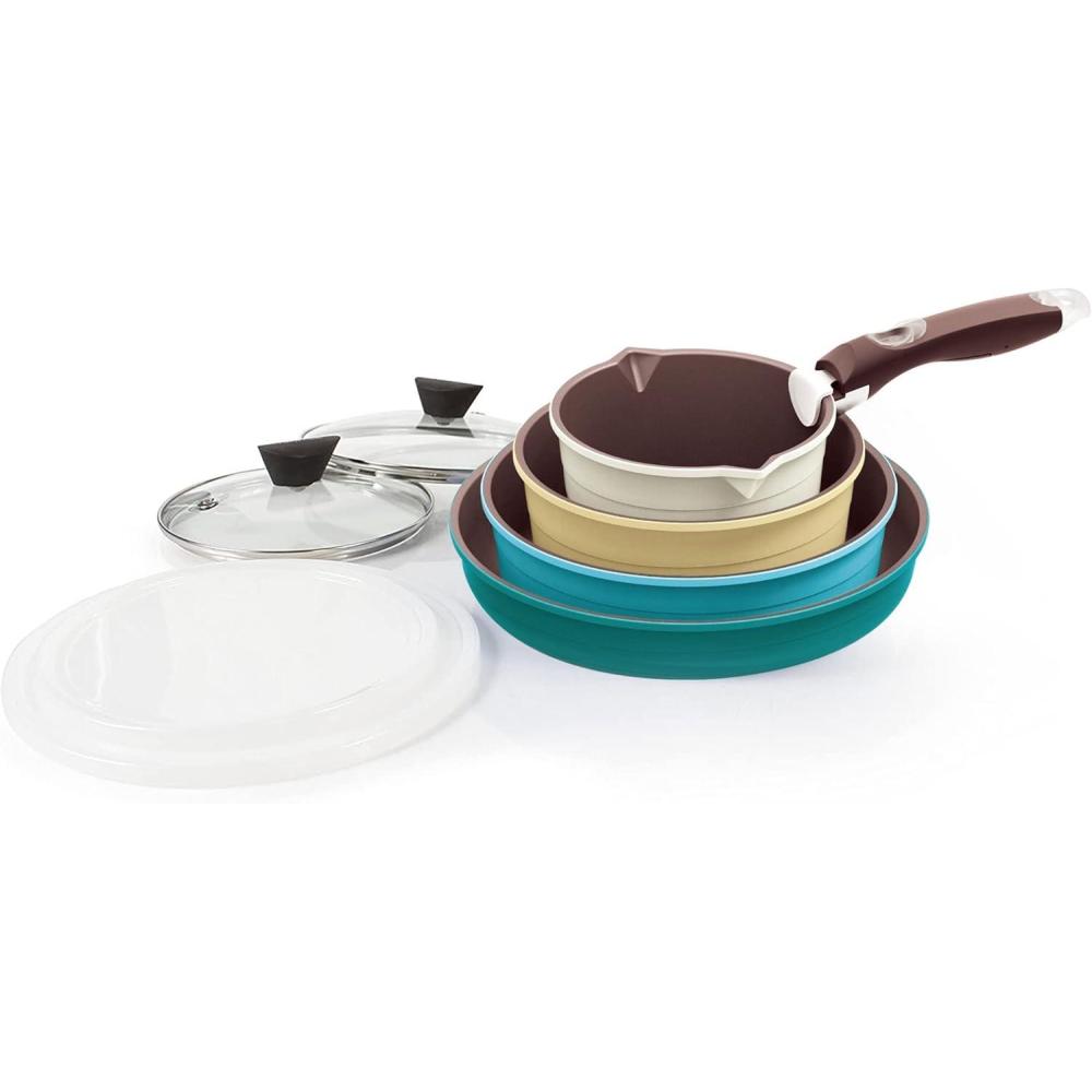 image:imageNeoflam Midas PLUS 9pc Nonstick Cast Aluminum Cookware Set PFOA Free Kitchenware with SaucepanFrying PanStoveOven Pot Tempered Glass Lid and Smart Detachable HandleOven SafeSpaceSavingEmeraldMisty Forest