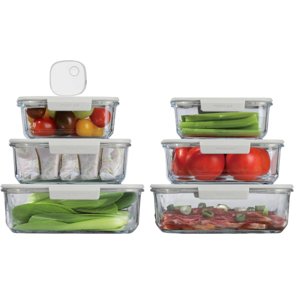 image:imageNeoflam Vacu Seal 13Piece Vacuum Food Storage Set  Borosilicate Glass with Vacuum Pump  Airtight Stackable Containers with SteamValve Lids  Oven Freezer Dishwasher Microwave Compatible
