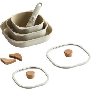 FIKA Objet Comfort 7-Piece Kitchen Nonstick Healthy Cooking Cookware Set with Lid, Detachable Handle, Induction Compatible All-in-One Kitcheware, Easy to Store, Great Gift, Made in Korea (IVORY)(Ivory)