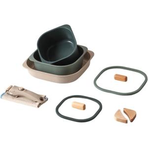 FIKA Objet Comfort 7-Piece Kitchen Nonstick Healthy Cooking Cookware Set with Lid, Detachable Handle, Induction Compatible All-in-One Kitcheware, Easy to Store, Great Gift, Made in Korea (IVORY)(Green)