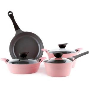 Neoflam Eela 7pc Ceramic Coated Nonstick Cookware Pots&Pan Set with Saucepan, Frying Pan, Casserole Stockpot, Glass Lids, Silicone Hot Handle Holder Included, 7-Piece,Pink