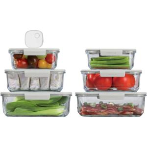 Neoflam Vacu Seal 13-Piece Vacuum Food Storage Set – Borosilicate Glass with Vacuum Pump | Airtight Stackable Containers with Steam-Valve Lids | Oven Freezer Dishwasher Microwave Compatible