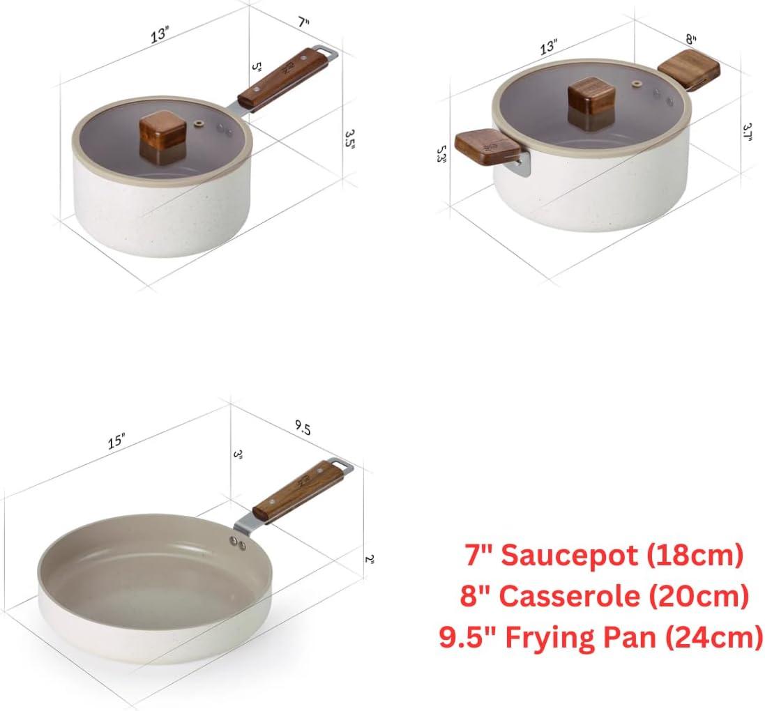 image:imageBien 5Piece Kitchen Nonstick Cookware Set with Lid Healthy Cooking Ceramic Coating Pan with Wood Handle Pot with Lid Fast Full Induction Compatible Kitchenware Made in Korea