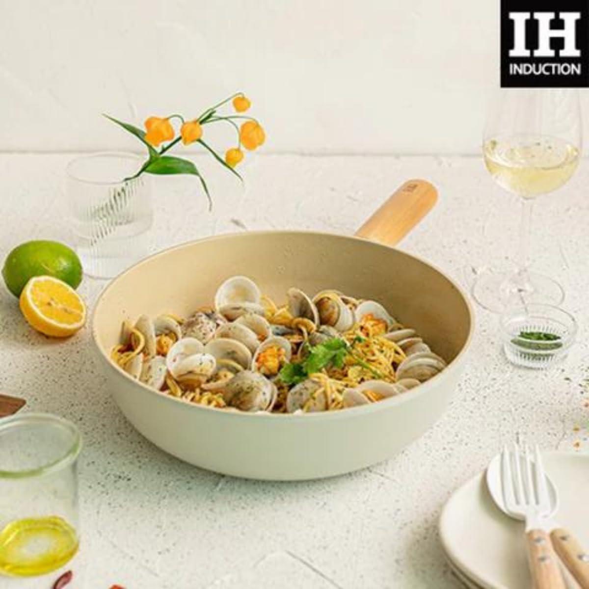 image:imageFIKA 10Inch Nonstick Stir Fry Wok with Wooden Handle Induction Compatible Cookware for All Stovetops Kitchen Essential Ceramic Coating Skillet Healthy Cooking Pan Made in Korea 26cm