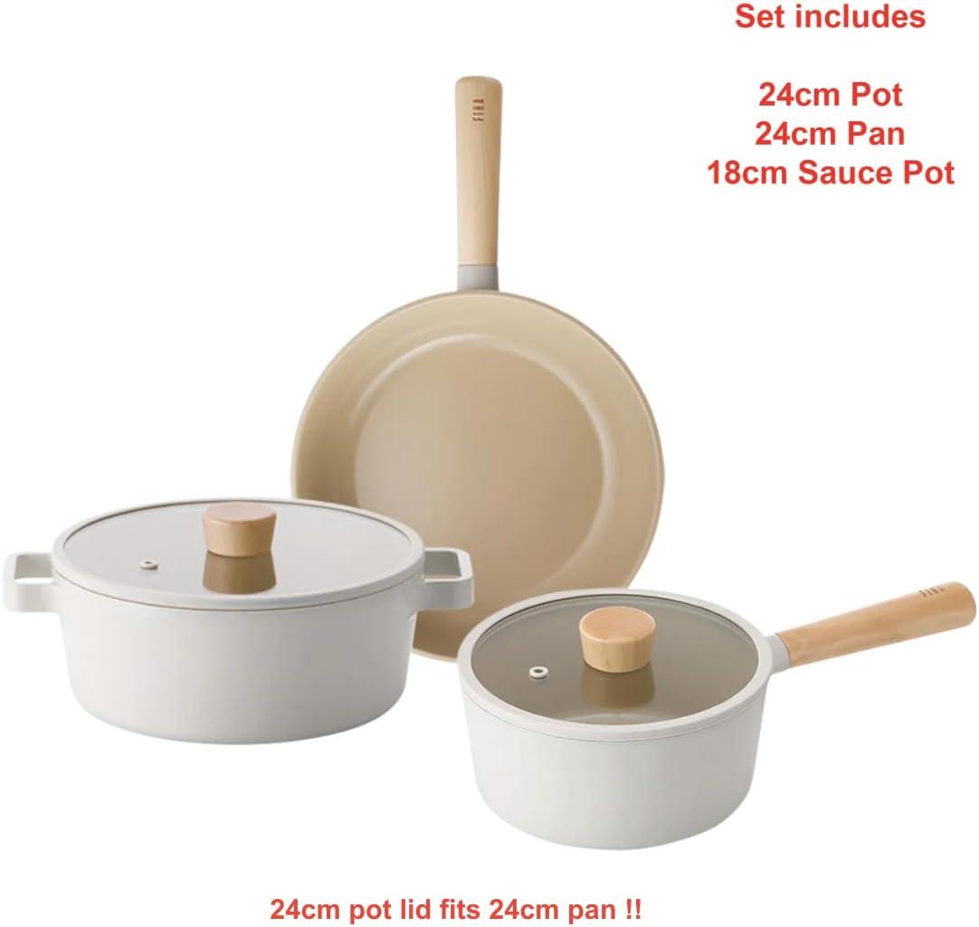 image:imageFIKA 5Piece Nonstick Cookware Pot and Pan Set with Lid Healthy Cooking Ceramic Coated Skillet with Natural Wood Handle Induction Gas Stove Compatible Kitchenware Everyday Cooking Made in Korea