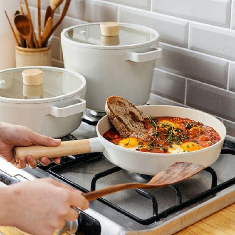 image:imageFIKA 5Piece Nonstick Cookware Pot and Pan Set with Lid Healthy Cooking Ceramic Coated Skillet with Natural Wood Handle Induction Gas Stove Compatible Kitchenware Everyday Cooking Made in Korea