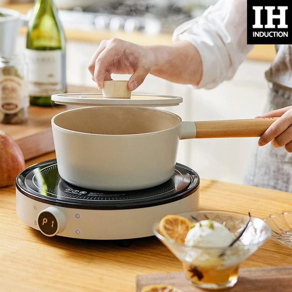 image:imageFIKA 5Piece Nonstick Cookware Pot and Pan Set with Lid Healthy Cooking Ceramic Coated Skillet with Natural Wood Handle Induction Gas Stove Compatible Kitchenware Everyday Cooking Made in Korea