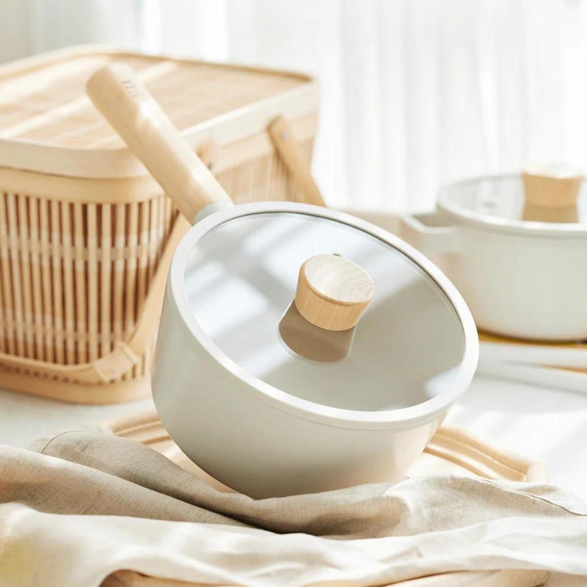 image:imageFIKA Kitchen Nonstick 17QT Sauce Pan with Glass Lid Butter Warmer Melting Saucepot Induction Compatible Cookware Healthy Cooking Ceramic Coating Pot with Wood Handle Made in Korea 7 18cm
