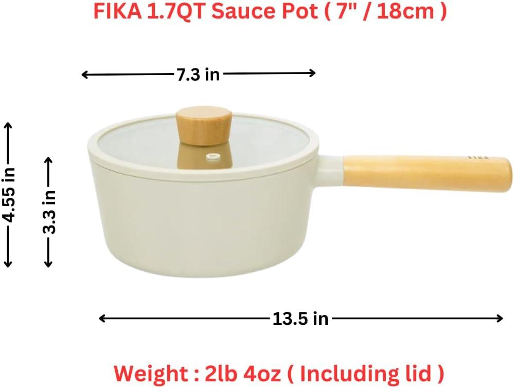 image:imageFIKA Kitchen Nonstick 17QT Sauce Pan with Glass Lid Butter Warmer Melting Saucepot Induction Compatible Cookware Healthy Cooking Ceramic Coating Pot with Wood Handle Made in Korea 7 18cm