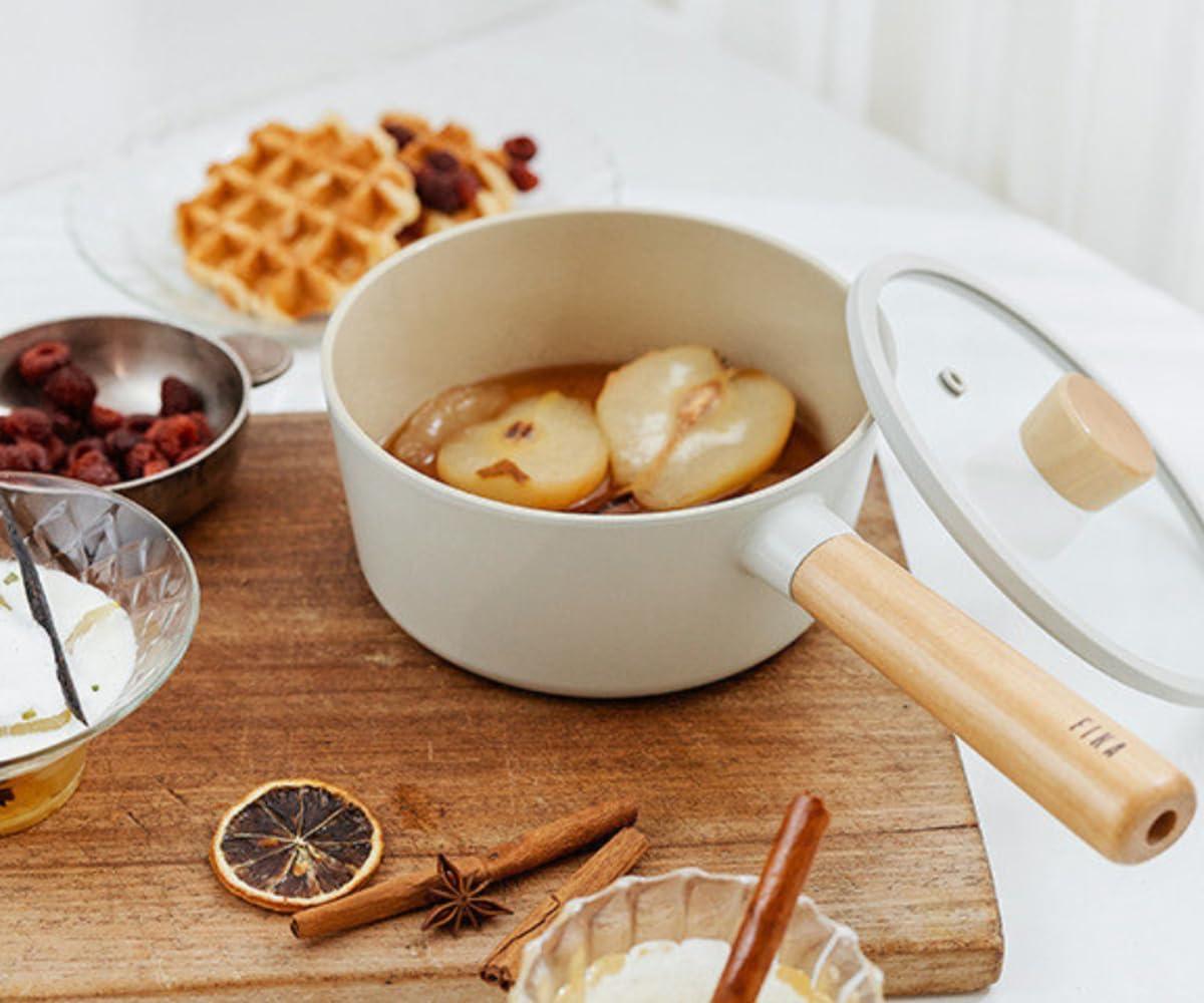 image:imageFIKA Kitchen Nonstick 17QT Sauce Pan with Glass Lid Butter Warmer Melting Saucepot Induction Compatible Cookware Healthy Cooking Ceramic Coating Pot with Wood Handle Made in Korea 7 18cm