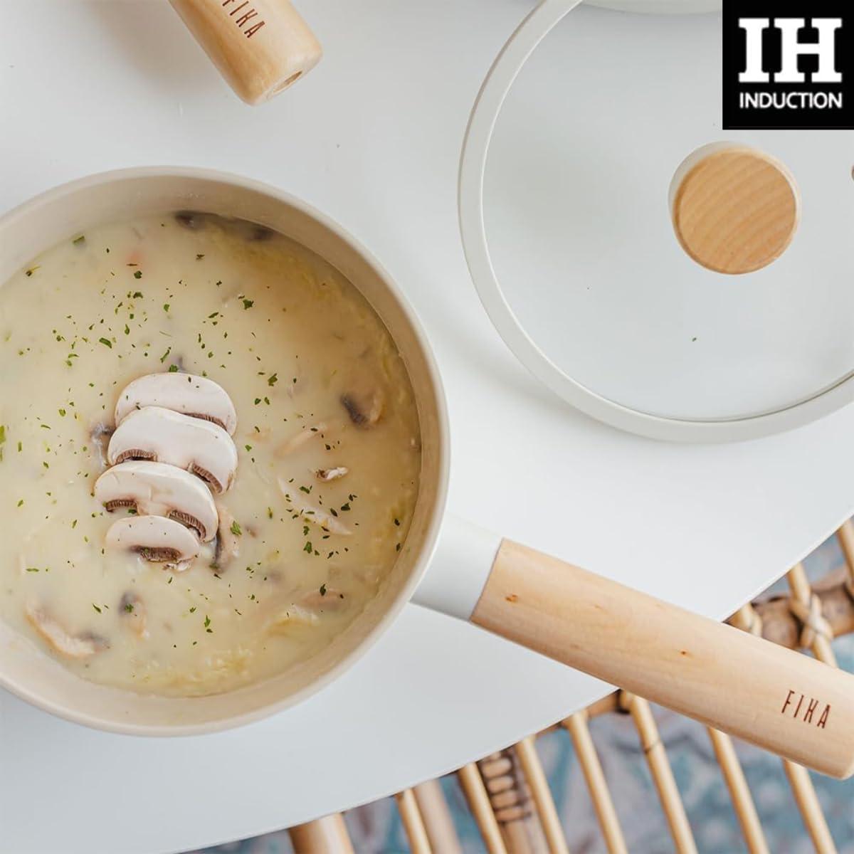 image:imageFIKA Kitchen Nonstick 17QT Sauce Pan with Glass Lid Butter Warmer Melting Saucepot Induction Compatible Cookware Healthy Cooking Ceramic Coating Pot with Wood Handle Made in Korea 7 18cm