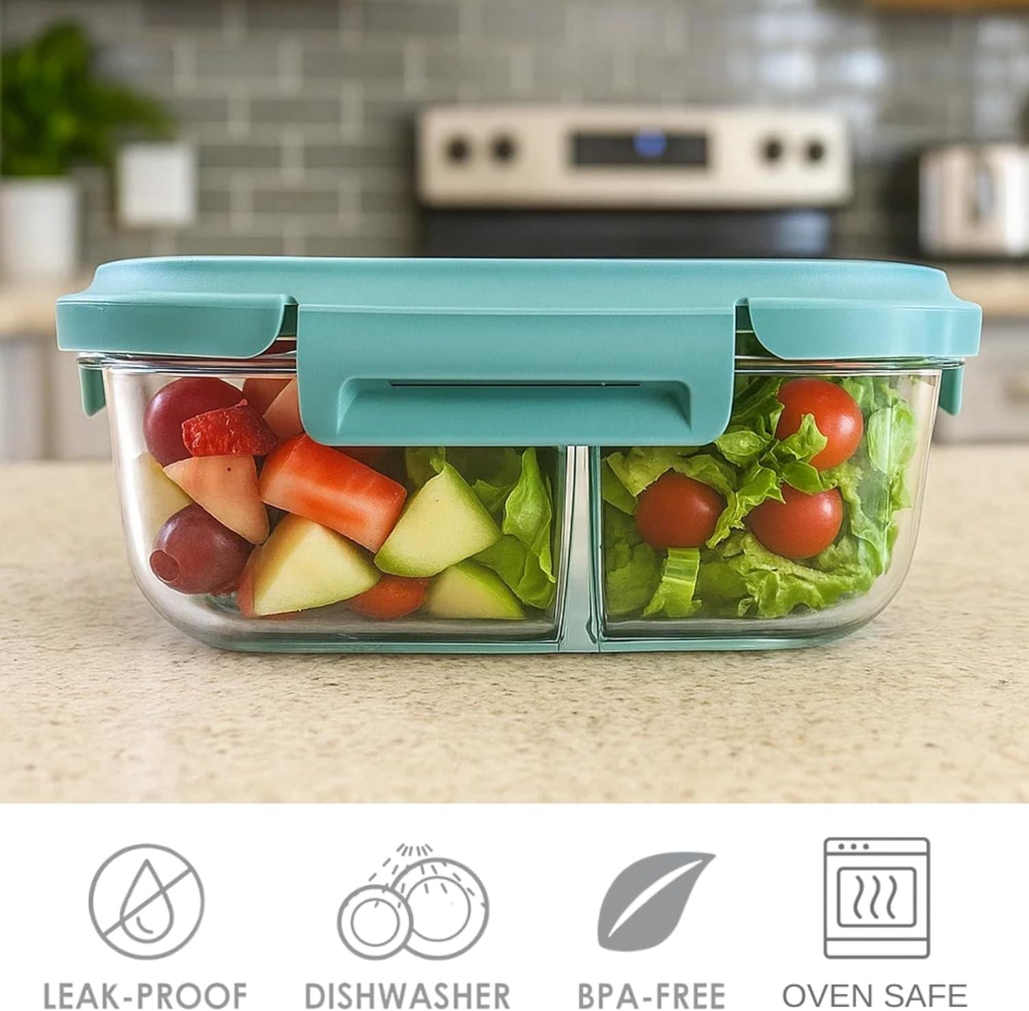 image:imageNeoflam 2 Compartment Glass Food Container with Airtight Lid Divided Oval Bento Lunch Box with Vent Reusable Meal Prep Storage Microwave Oven amp Dishwasher Safe 37 oz 11 Liter 46 cups37oz