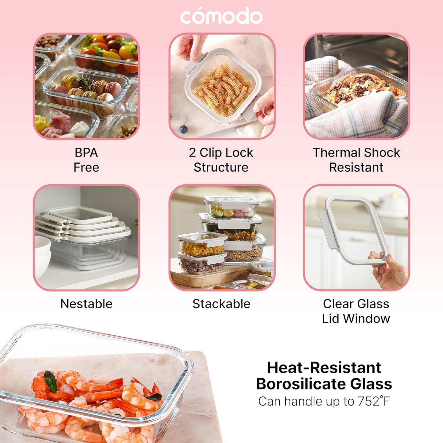 image:imageNeoflam 6Piece Comodo Glass Food Storage Containers with Lids Airtight Stackable Meal Prep Set BPAFree Microwave Oven Air Fryer Freezer Safe Reusable Glass Containers for Home amp Office