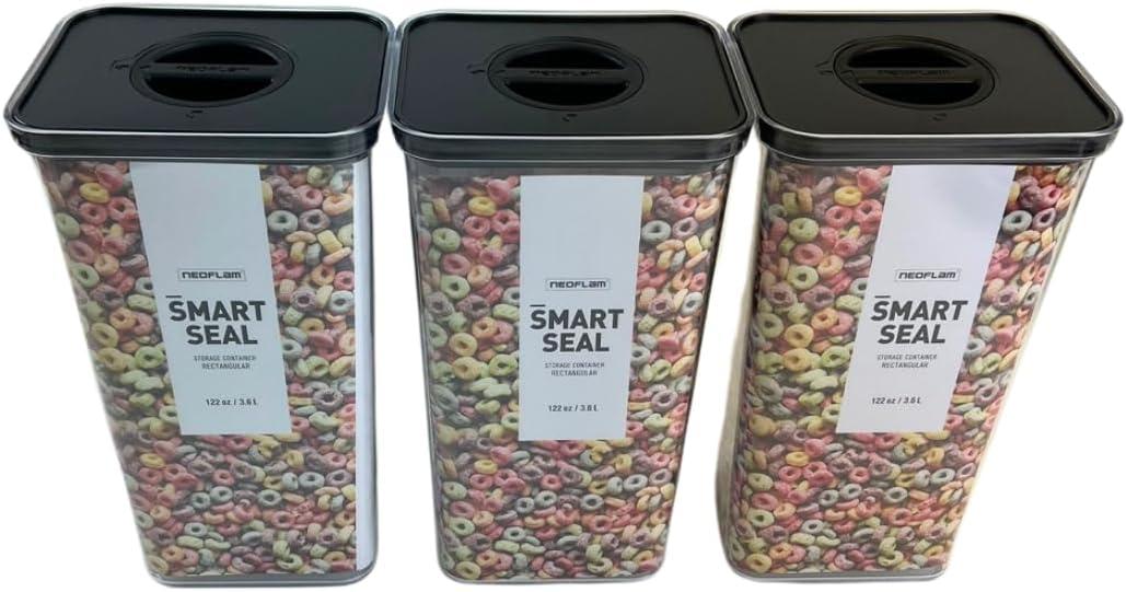 image:imageNeoflam Airtight Smart Seal Food Storage Container Set of 3 Crystal Clear Body matte Black Lid Modular Stackable Nestable Design Easy to Clean BPA Free Rectangle 175L3 6L