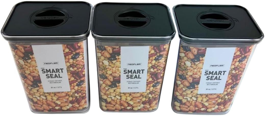 image:imageNeoflam Airtight Smart Seal Food Storage Container Set of 3 Crystal Clear Body matte Black Lid Modular Stackable Nestable Design Easy to Clean BPA Free Rectangle 175L27L