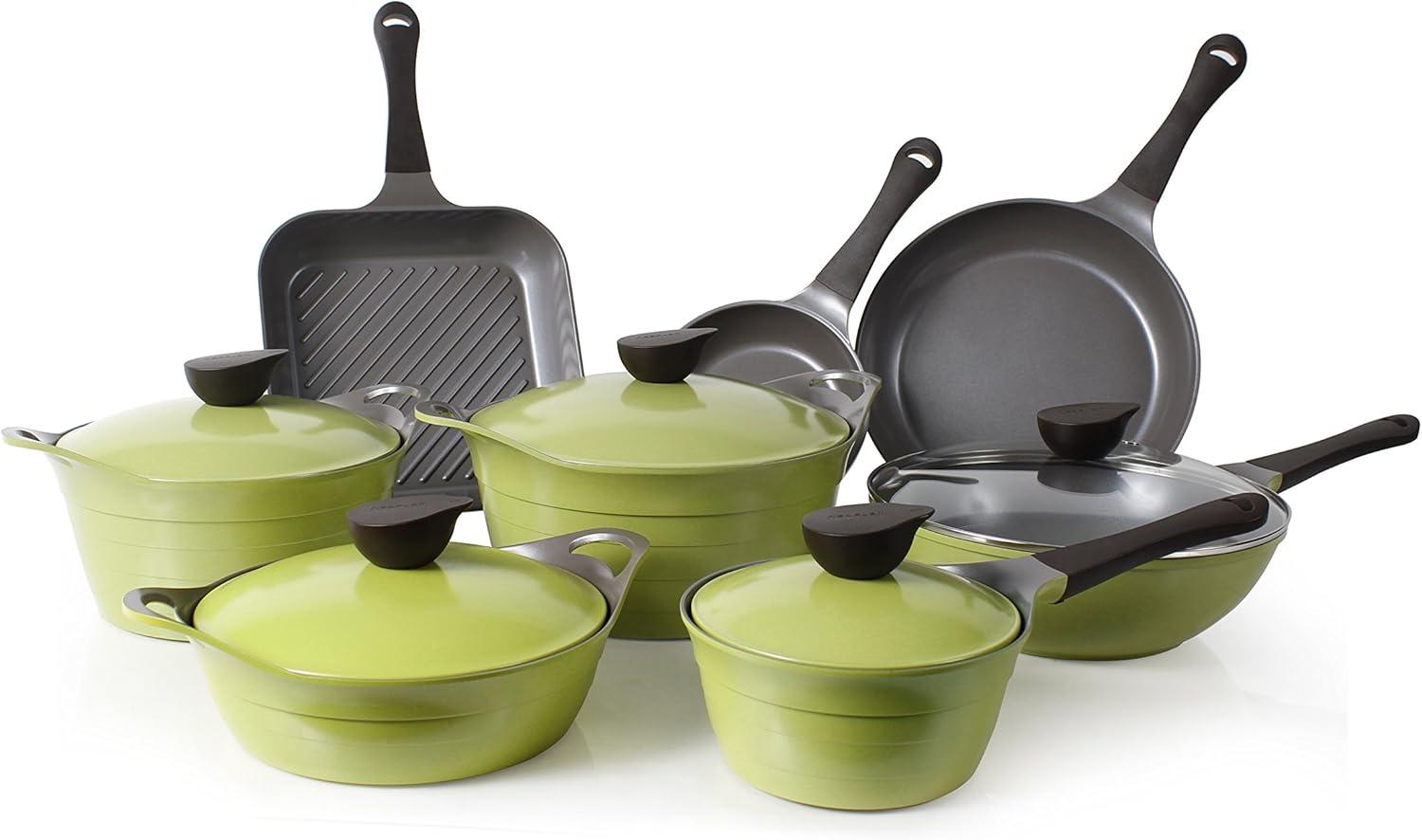 image:imageNeoflam Eela 25 QT Ceramic Nonstick Low Stockpot with Steam Releasing Lid in Olive Green