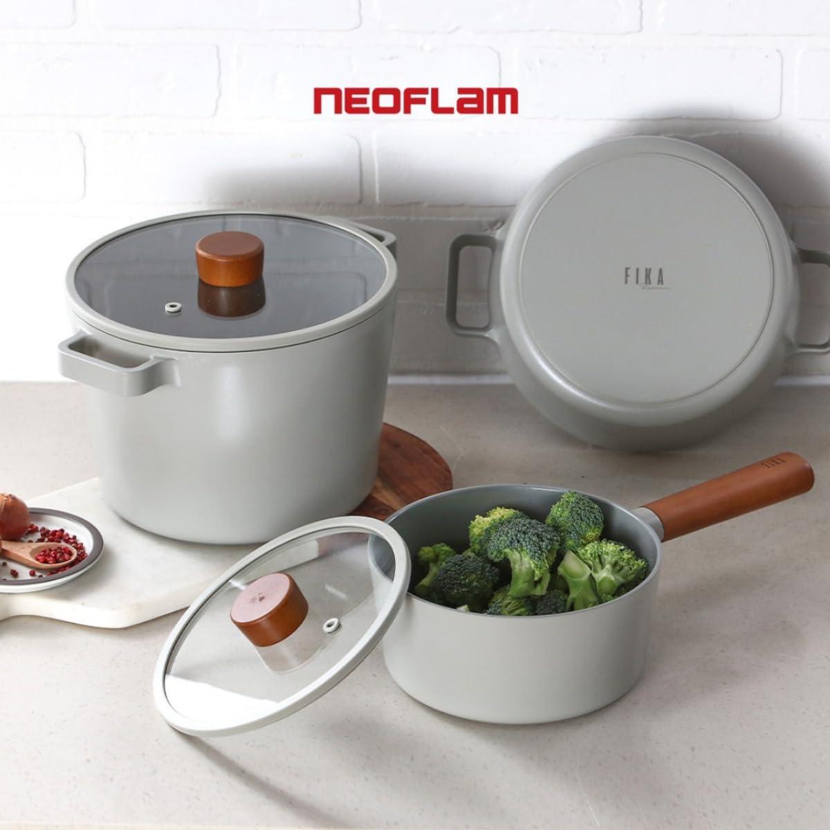 image:imageNeoflam FIKA 6 Piece Kitchen Nonstick Cookware Pot Set with GlassLid Induction Multipurpose Cooking Essential Casserole Every Day Use Made in Korea IvoryGray