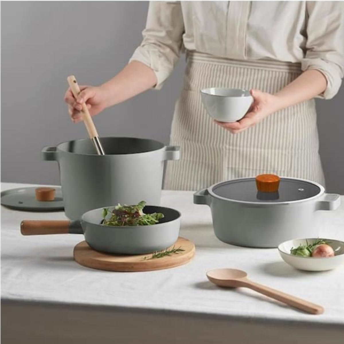 image:imageNeoflam FIKA 6 Piece Kitchen Nonstick Cookware Pot Set with GlassLid Induction Multipurpose Cooking Essential Casserole Every Day Use Made in Korea IvoryGray