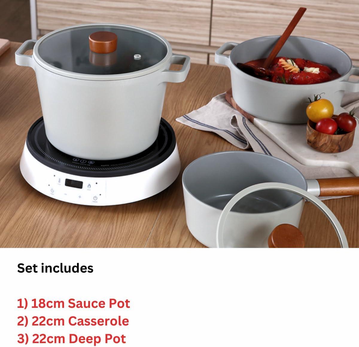 image:imageNeoflam FIKA 6 Piece Kitchen Nonstick Cookware Pot Set with GlassLid Induction Multipurpose Cooking Essential Casserole Every Day Use Made in Korea IvoryGray
