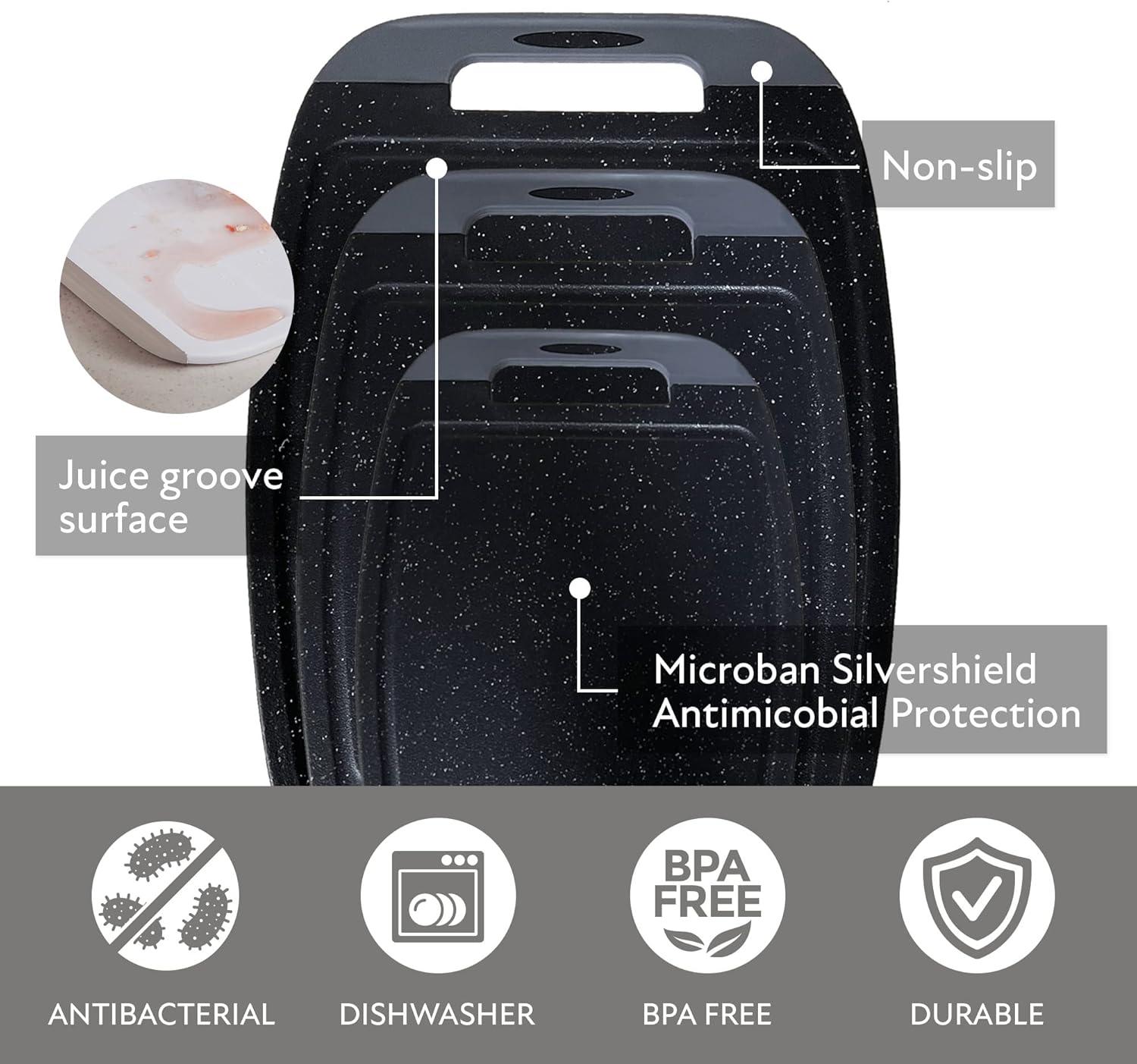 image:imageNeoflam Microban Protection Cutting Board 3 Piece Set Stain amp OdorBPA Free Reversable Board Upgraded Larger Juice Groove NonSlip EZ Grip Handle Dishwasher Safe PastelGranite BlackGray