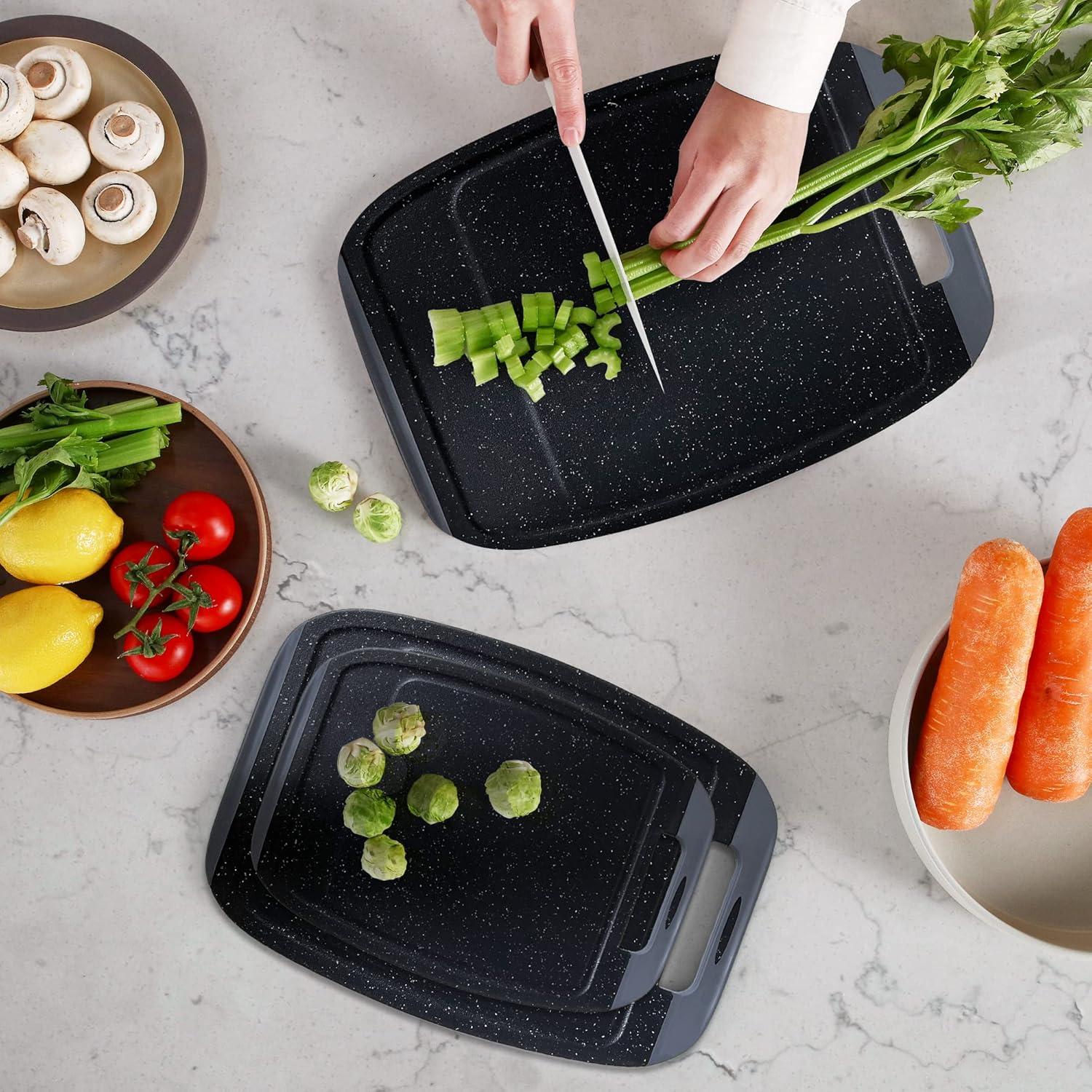 image:imageNeoflam Microban Protection Cutting Board 3 Piece Set Stain amp OdorBPA Free Reversable Board Upgraded Larger Juice Groove NonSlip EZ Grip Handle Dishwasher Safe PastelGranite BlackGray