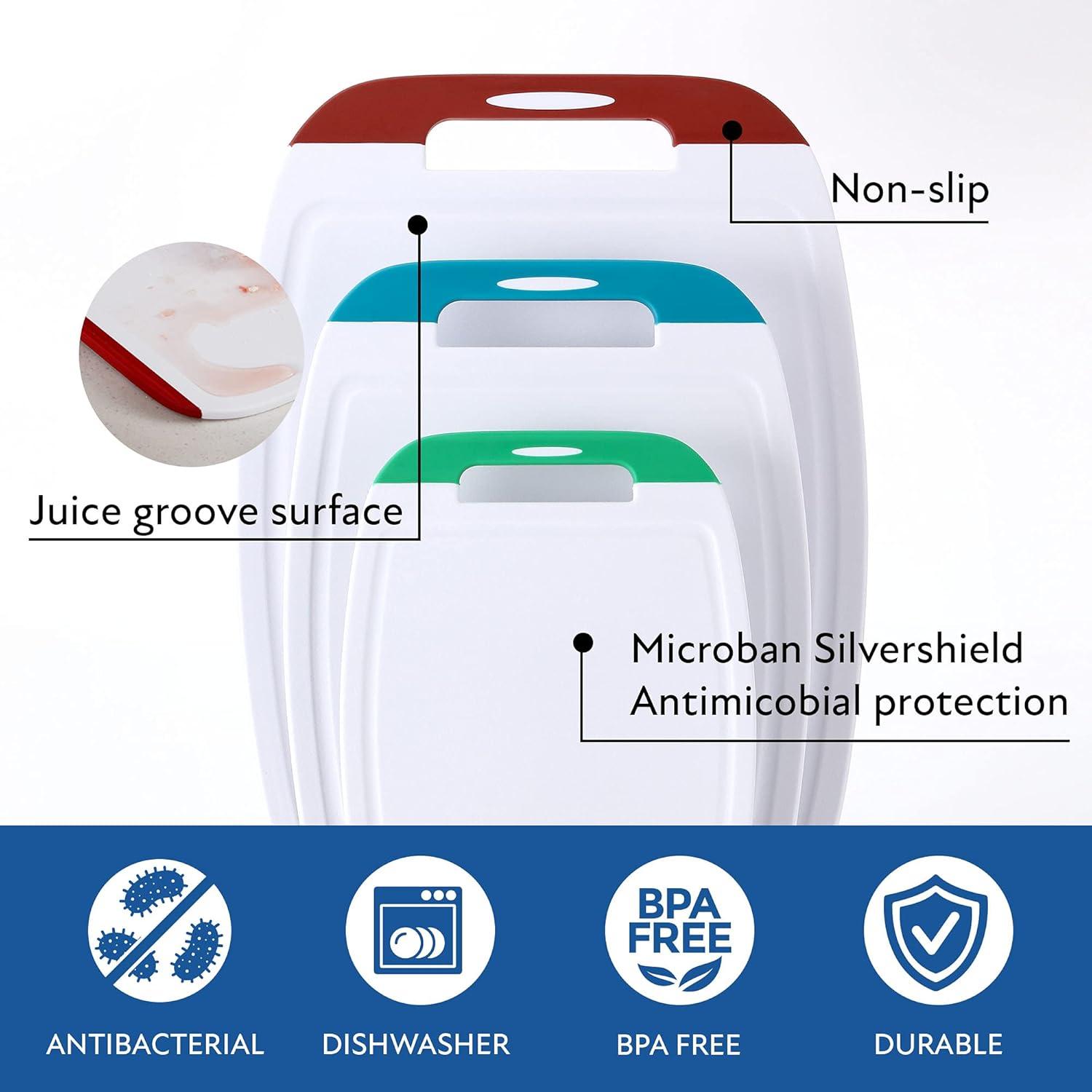 image:imageNeoflam Microban Protection Cutting Board 3 Piece Set Stain amp OdorBPA Free Reversable Board Upgraded Larger Juice Groove NonSlip EZ Grip Handle Dishwasher Safe PastelMulticolor