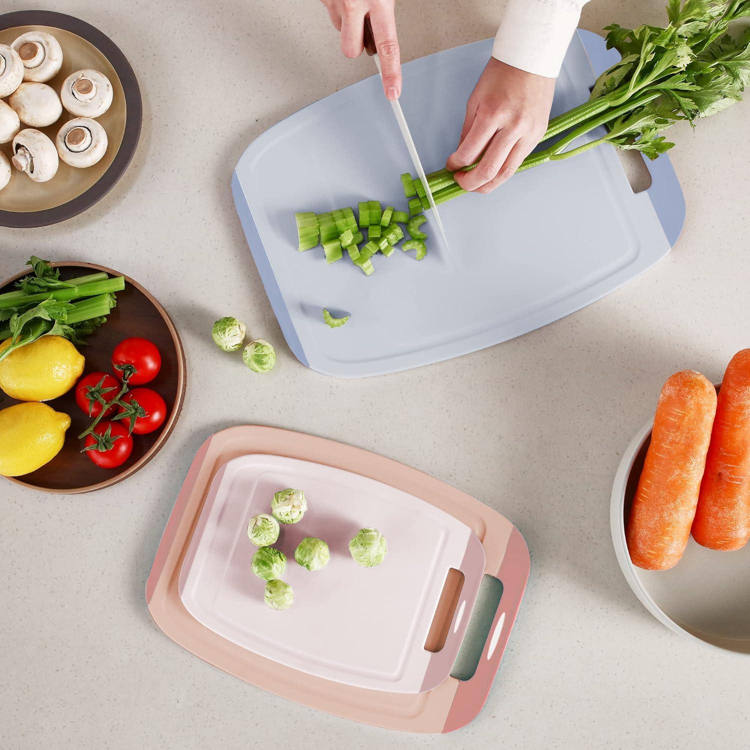 image:imageNeoflam Microban Protection Cutting Board 3 Piece Set Stain amp OdorBPA Free Reversable Board Upgraded Larger Juice Groove NonSlip EZ Grip Handle Dishwasher Safe PastelPastel