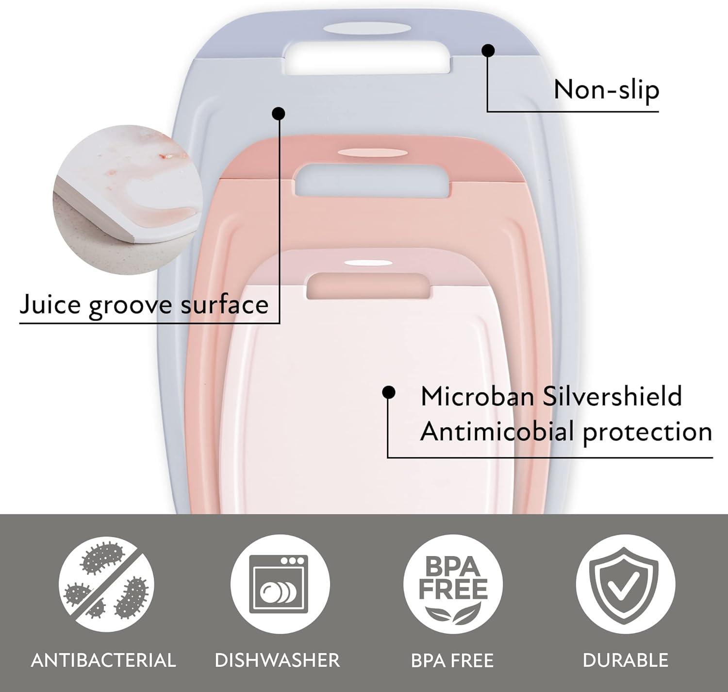 image:imageNeoflam Microban Protection Cutting Board 3 Piece Set Stain amp OdorBPA Free Reversable Board Upgraded Larger Juice Groove NonSlip EZ Grip Handle Dishwasher Safe PastelPastel