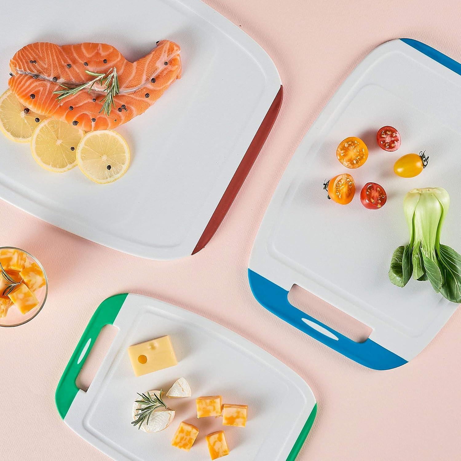 image:imageNeoflam Microban Protection Cutting Board 3 Piece Set Stain amp OdorBPA Free Reversable Board Upgraded Larger Juice Groove NonSlip EZ Grip Handle Dishwasher Safe PastelMulticolor